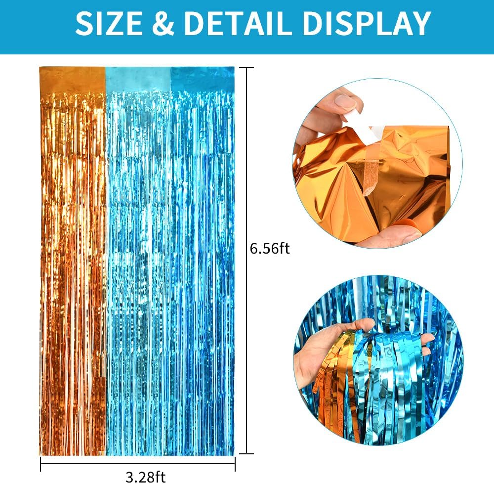 TONIFUL Orange Blue Door Streamers,Blue and Orange Photo Booth Backdrop Metallic Streamers Foil Fringe Curtain for Birthday,New Year,Graduation,Grad,Bachelorette Party Streamers Decoration