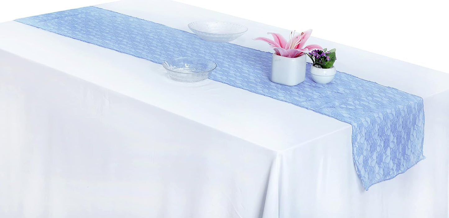 MDS Pack of 15 Wedding 12 x 108 inches Lace Table Runner for Wedding, Decorations for Birthday Parties, Banquets, Graduations, Engagements, and Runners fit Rectangle, Round Table- Baby Blue