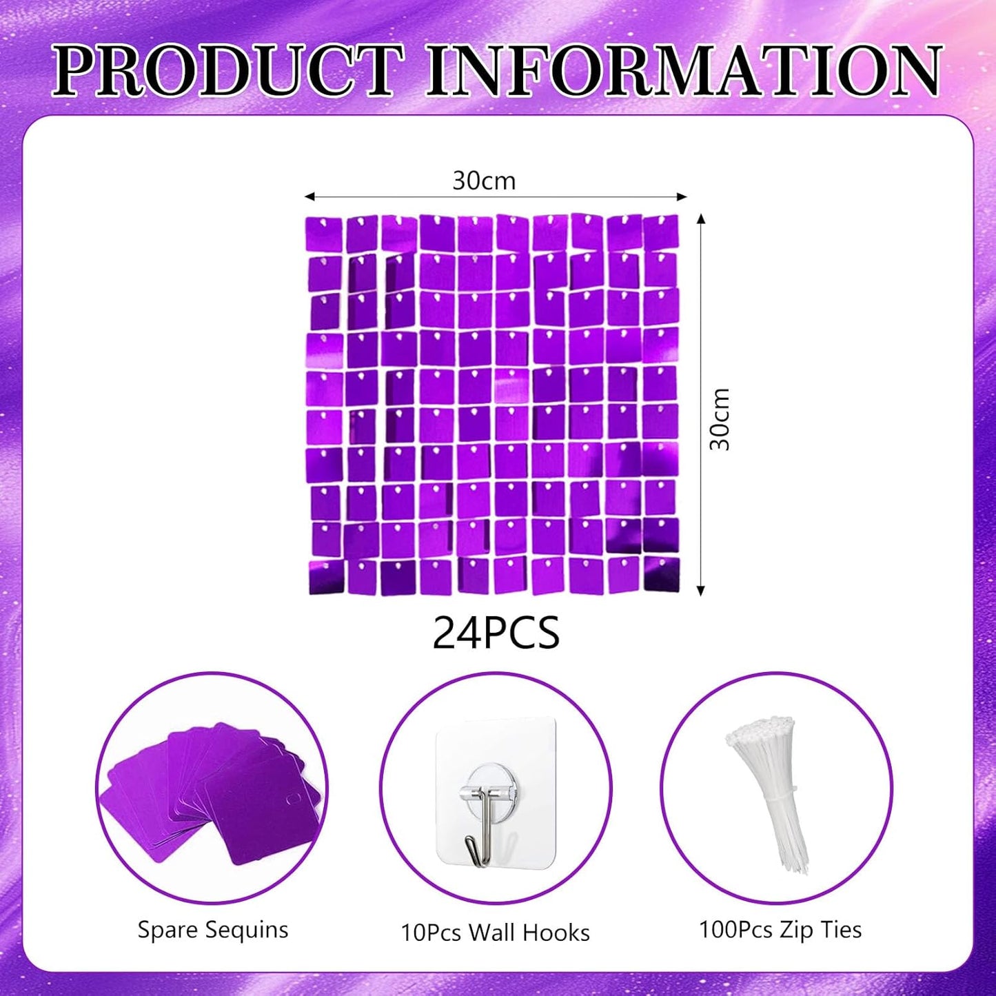 24PCS Purple Shimmer Wall Backdrop, Square Sequin Backdrops Panel, Glitter Wall Background for Birthdays, Weddings, Halloween, Engagements, Disco Bachelorette Party Decoration (4FTx6FT)