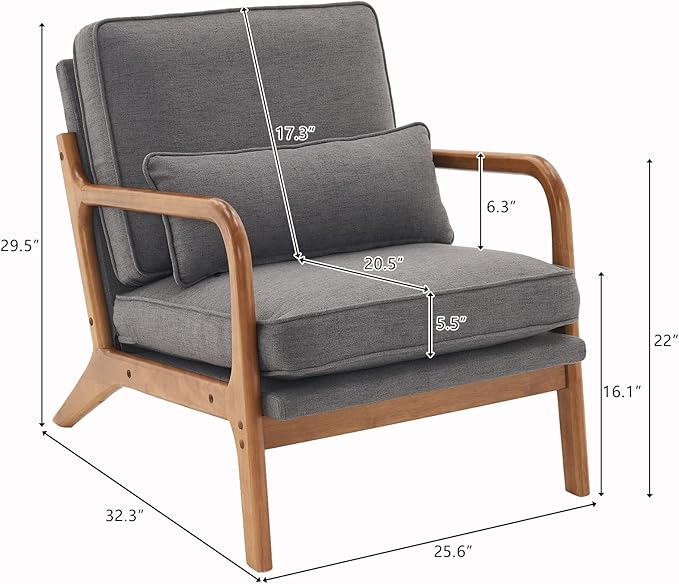 VINGLI Linen Dark Grey Comfy Accent Chair, Mid Century Modern Lounge Armchair - Image 2