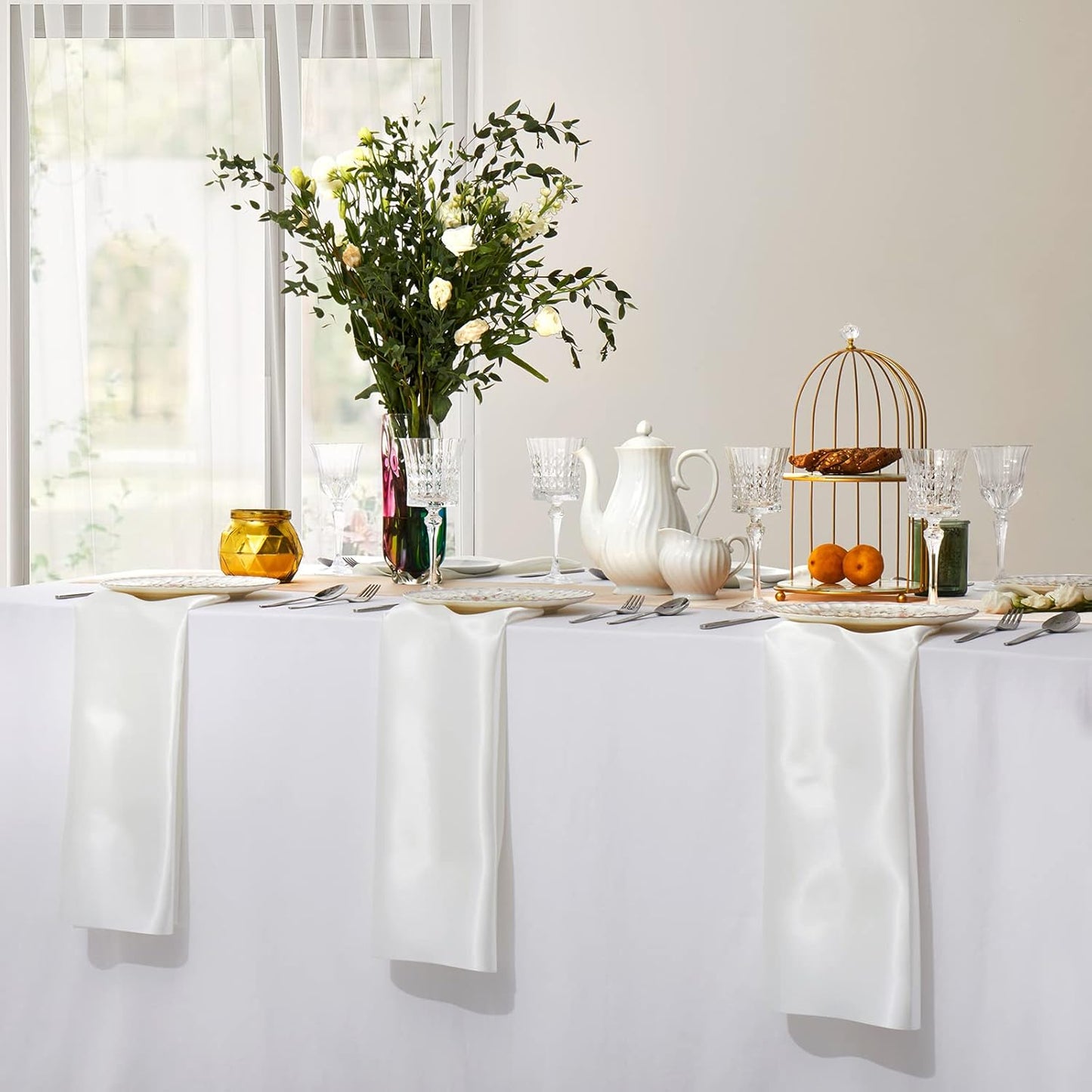 Horbaunal 16 Pack Ivory Satin Napkins 17 x 17 Inch, Square Silky Cloth Napkins, Soft Table Napkins for Weddings Banquets Parties