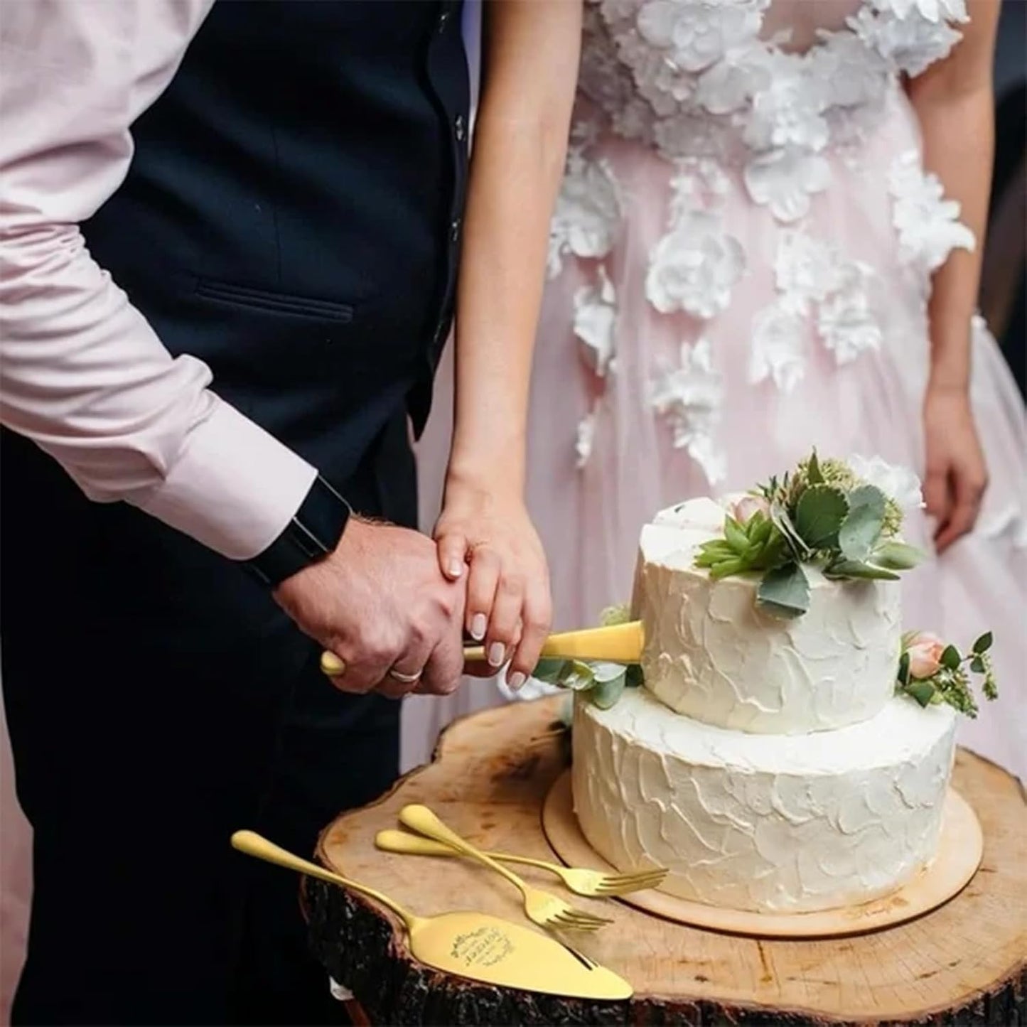 Personalized Wedding Cake Knife and Server Set, Custom Gold/Silver Cake Cutting Set for Wedding, 4 Pieces Set with Forks for Engagements, Anniversaries, Bride and Groom (Rose Gold)