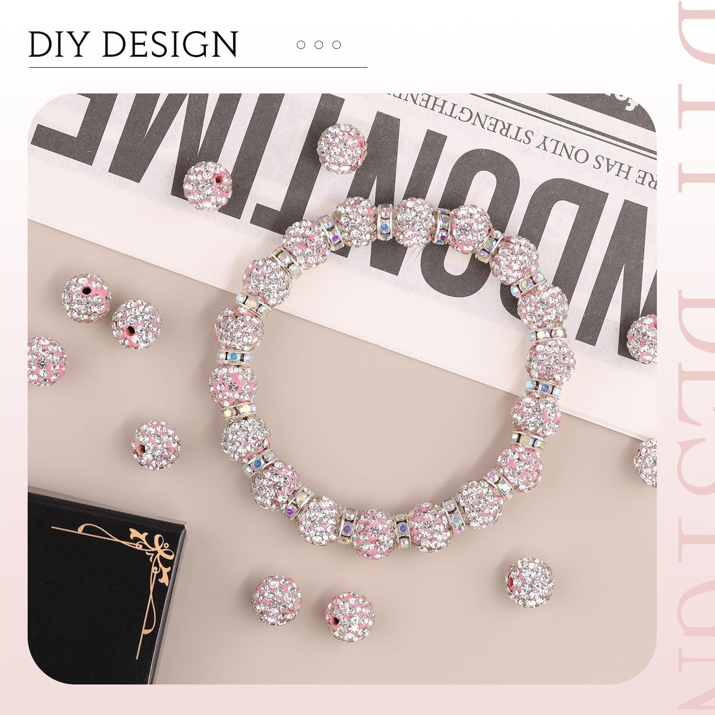 200pcs 10mm Pink White Rhinestone Beads for Jewelry Making, Shiny Round Shamballa Disco Ball Beads Bulk, Sparkle Crystal Clay Christmas for Bracelet Baseball Necklace Earring Crafting and DIY