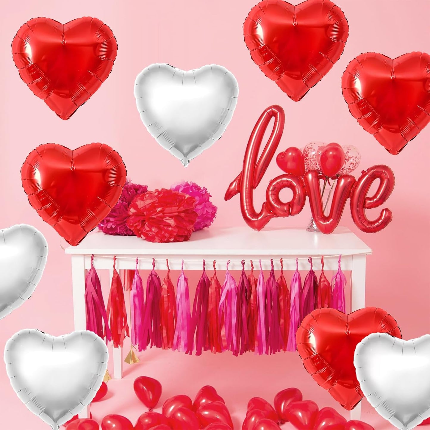 Red Silver Heart Balloons,12Pcs 18Inch Silver Red Heart Shaped Foil Helium Foil Balloons for Baby Shower Birthday Anniversary Wedding Engagement Party Decorations