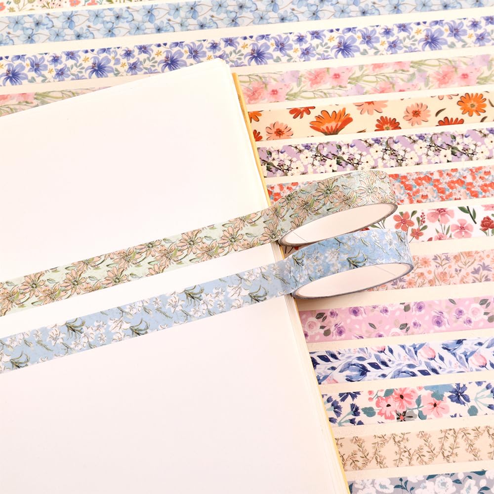 60 Rolls Flowers Theme Washi Tape Set with Different Colorful Patterns, Writable Decorative Tapes for Scrapbooking, Bible Journaling, Bullet Journaling, 0.39'' x 79'' per Roll