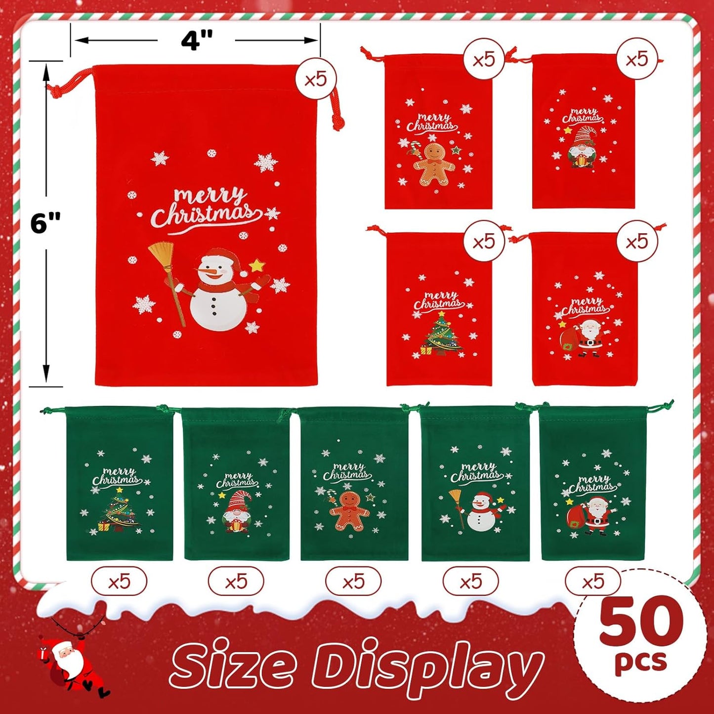 Tapleap Christmas Bags with Drawstring - 50Pcs 4x6 Red and Green Velvet Cloth for Wrapping Dice, Jewelry, Party Favors or Gifts for Friends, Children, Customers