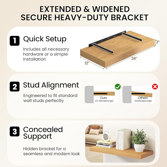 36Inch Oak Floating Shelves for Wall, 12 Inch Deep Shelves for Bedroom - Image 6