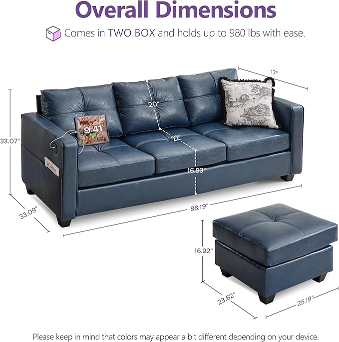 TYBOATLE 88" W Blue Faux Leather L Shaped Sectional Couches w/Side Pockets - Image 2