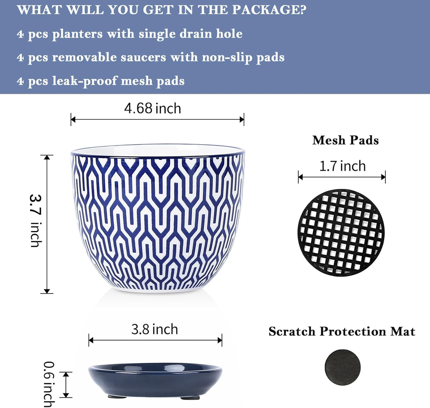 Selamica Ceramic Plant Pots, 4.6 Inch Flower Pots for Indoor Plants, Succulent Pots with Drainage Hole & Saucer, Succulent Planters for Succulent Cactus, Home Decor, Set of 4, Vintage Blue