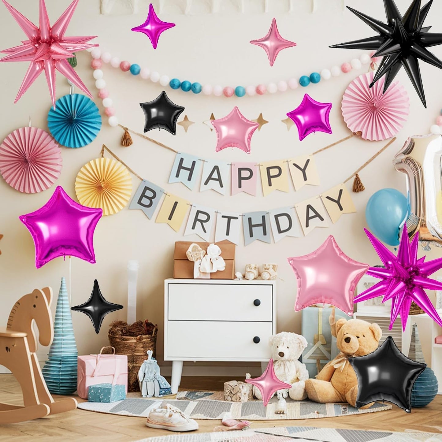 16 Pcs Black Hot Pink Star Balloons, 22/18/10 Inch Foil Balloons, Four-Pointed Balloon for Girl Mermaid Birthday Graduation Wedding Baby Shower Magic Party Decorations