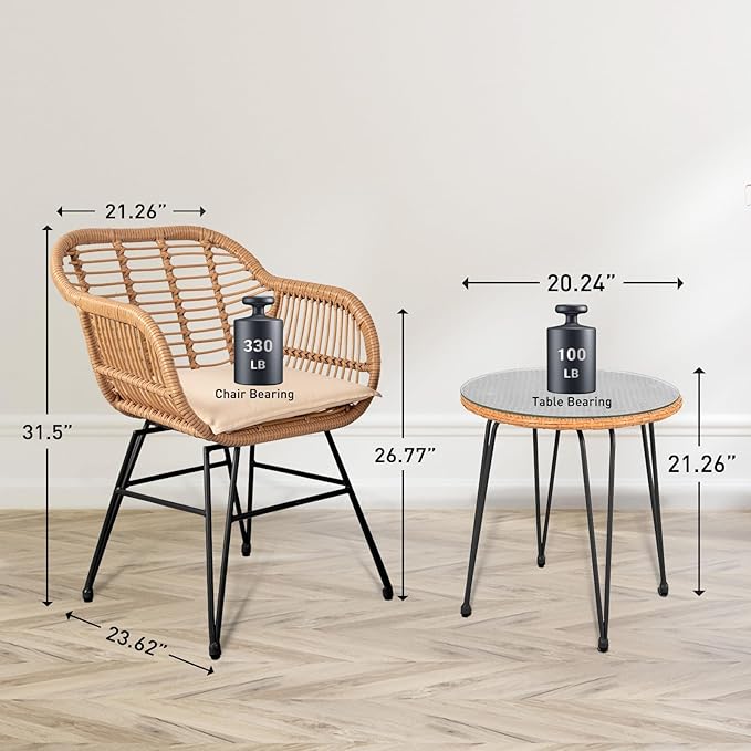 3 Piece Outdoor Wicker Furniture Bistro Set, Rattan Chairs Conversation Sets - Image 3