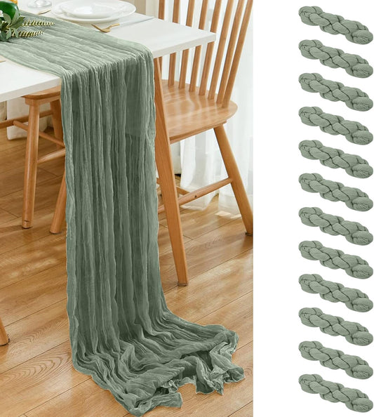 12 Pack Sage Green 10Ft Cheesecloth Table Runner 20x120 Inch Boho Wrinkled Sheer Romantic Gauze Decor for Wedding, Bridal Shower, Birthday Party