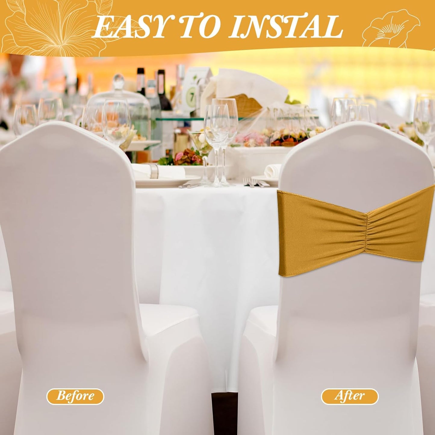 Moukeren 100 Pcs Spandex Chair Sashes Bows Bands Slider Sashes for Chair Covers Elastic Bands Ties Ribbon Decorations for Wedding Party Events Ceremony Birthday Banquet(Gold)