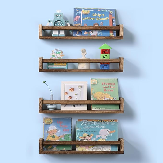 Nursery Room Shelves Set of 4, Wood Floating Book Shelves - Image 4