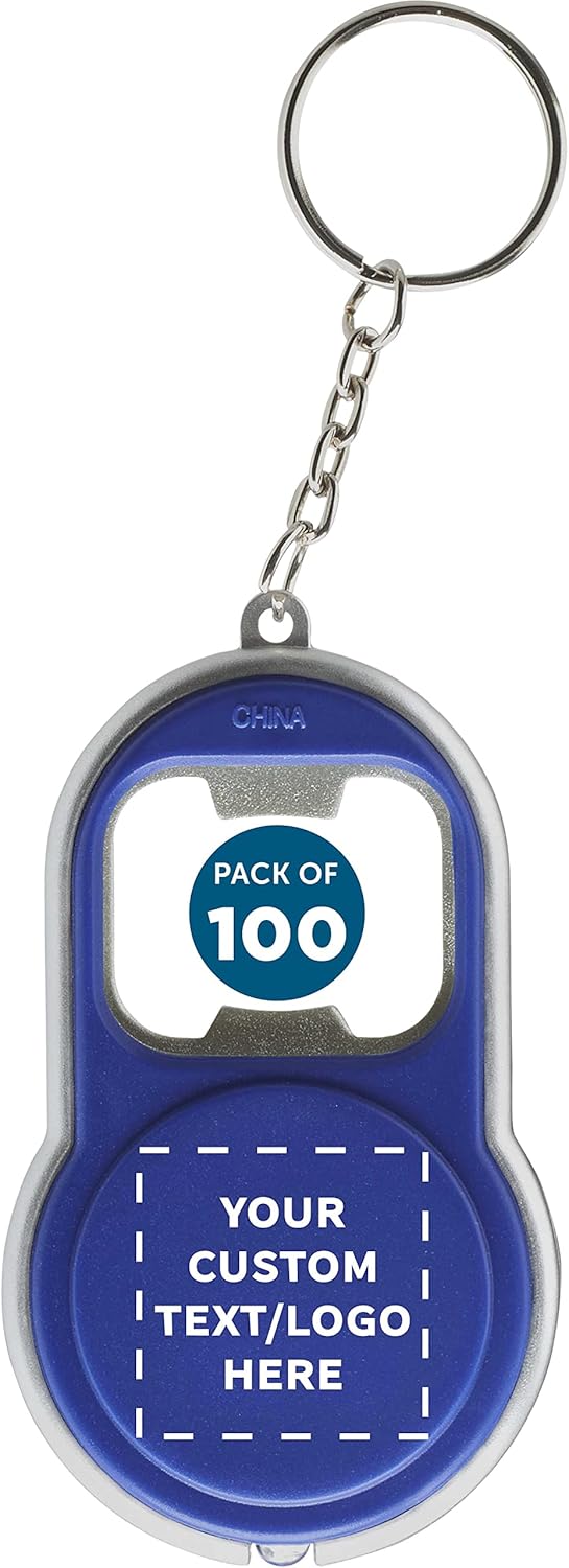 DISCOUNT PROMOS Custom Bottle Opener & LED Keychains Set of 100, Personalized Bulk Pack - Perfect for Tradeshows, Party Favors, Other Events - Blue