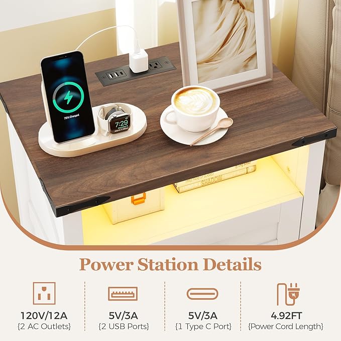 Turosur Night Stand with Charging Station 22" Large Farmhouse Nightstands with - Image 5