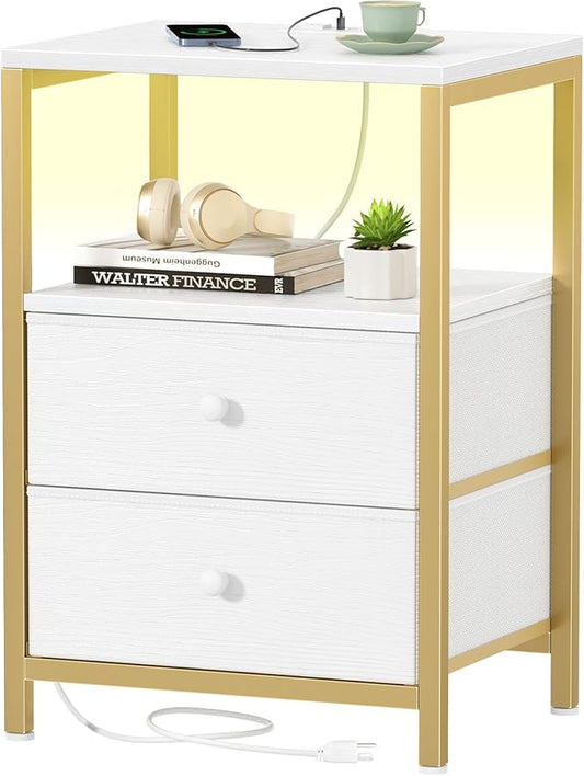 BOLUO Nightstand with Charging Station, LED Night Stand with 2 Fabric Drawers by BOLUO