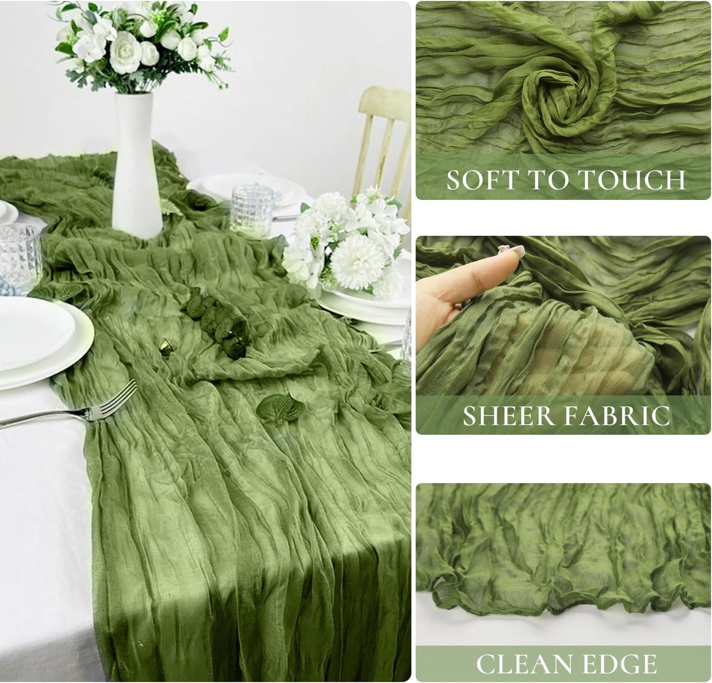 10 Packs Olive Green Cheese Cloth Table Runners, 10FT Boho Gauze Moss Green Cheesecloth Table Runner for Wedding Bridal Baby Shower Fall Thanksgiving Table Decoration