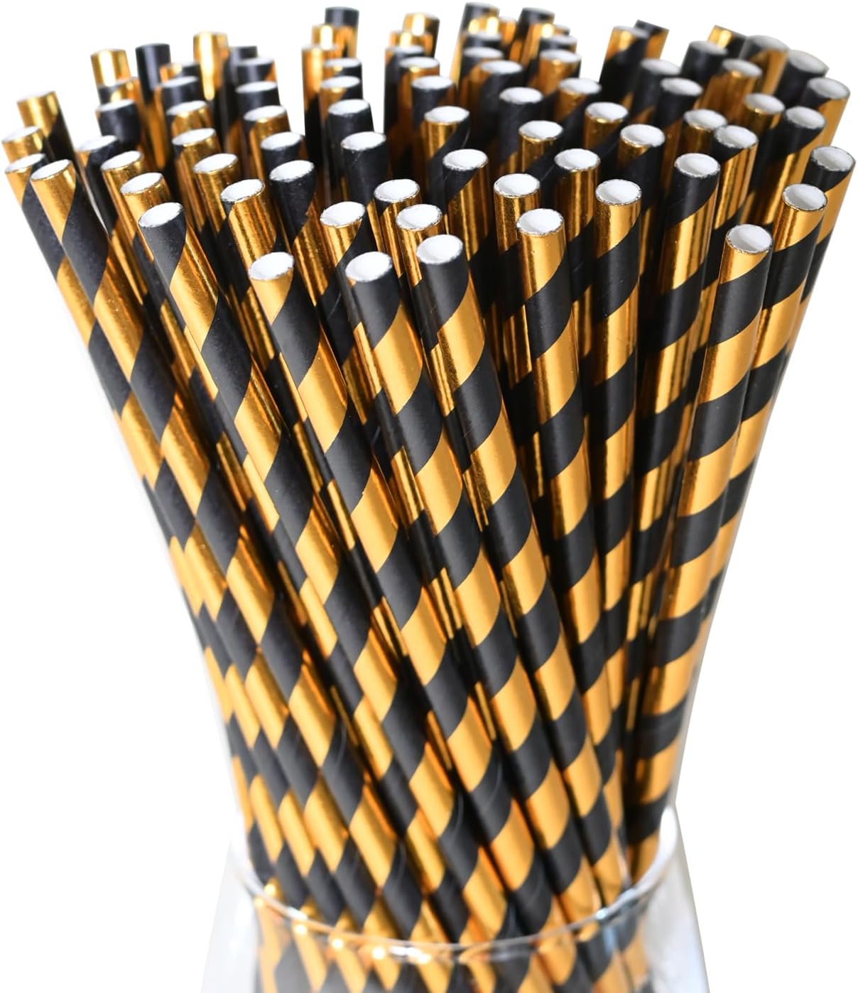 Disposable Paper Drinking Straws - Biodegradable Black Gold Striped Straws for Graduation, Birthday, Party, Bars, 7.75 inch