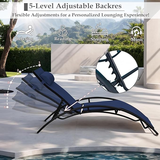 EROMMY Outdoor Chaise Lounge Set of 3, Reclining Patio Chairs - Image 5