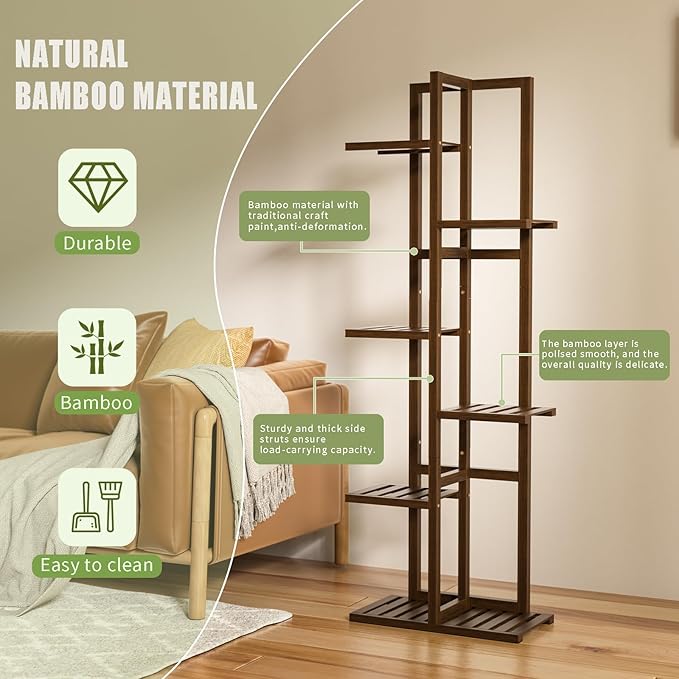 ROMGUAR CRAFT 6 Tier Bamboo Plant Stand Indoor, Wood Tall Flower Holder Corner - Image 5