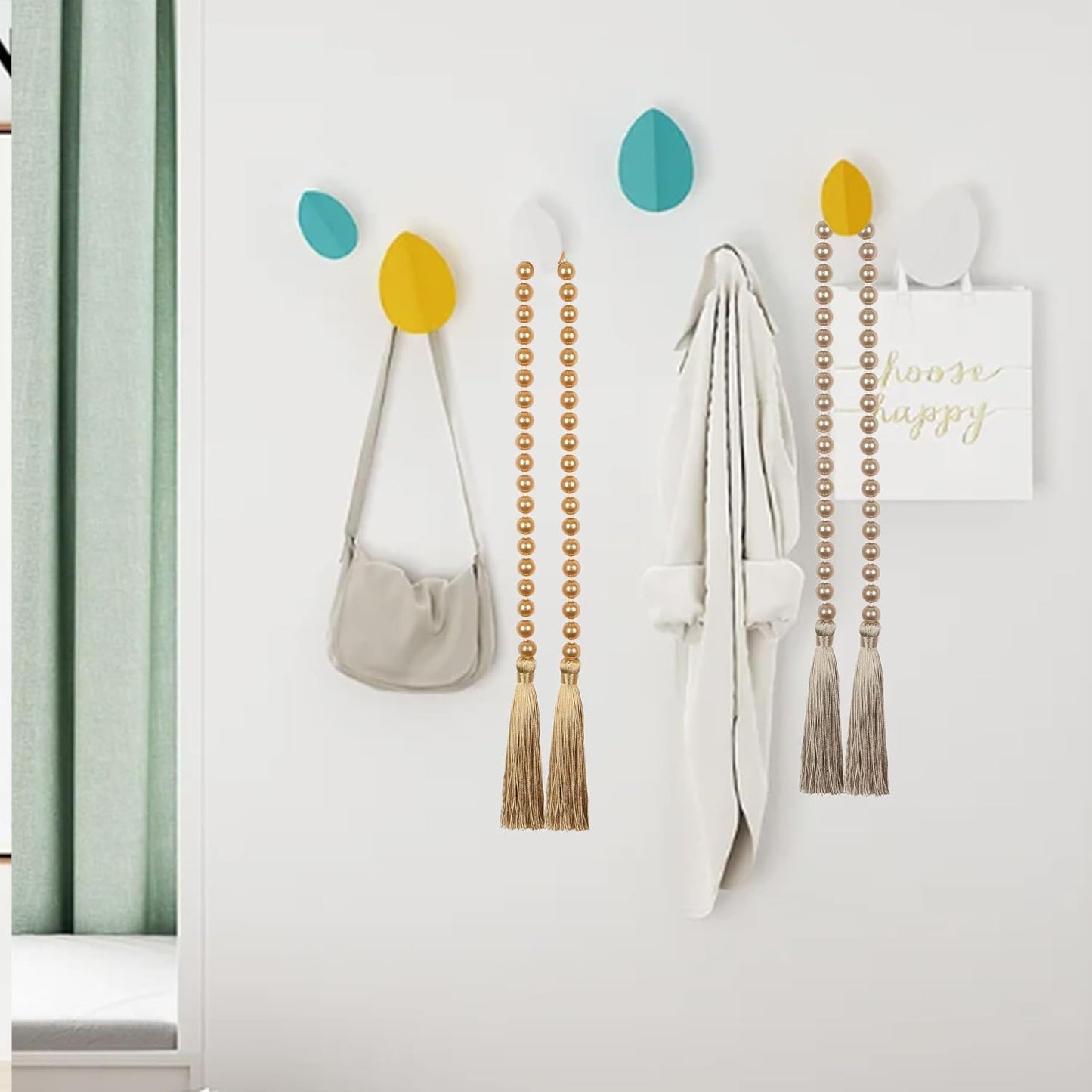 Fenghuangwu 34 Inch Pearl Glass Bead Garland with Tassels - Elegant Boho Table Decor, Fringe Wall Hanging for Wedding, Party, Farmhouse Rustic Prayer Bead Home Decoration(2 Pack,Gold)