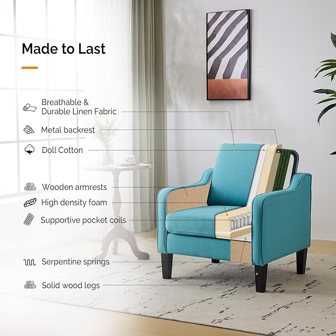 VINGLI Accent Chairs Set of 2 Living Room Chairs Teal Blue Reading Chair - Image 5