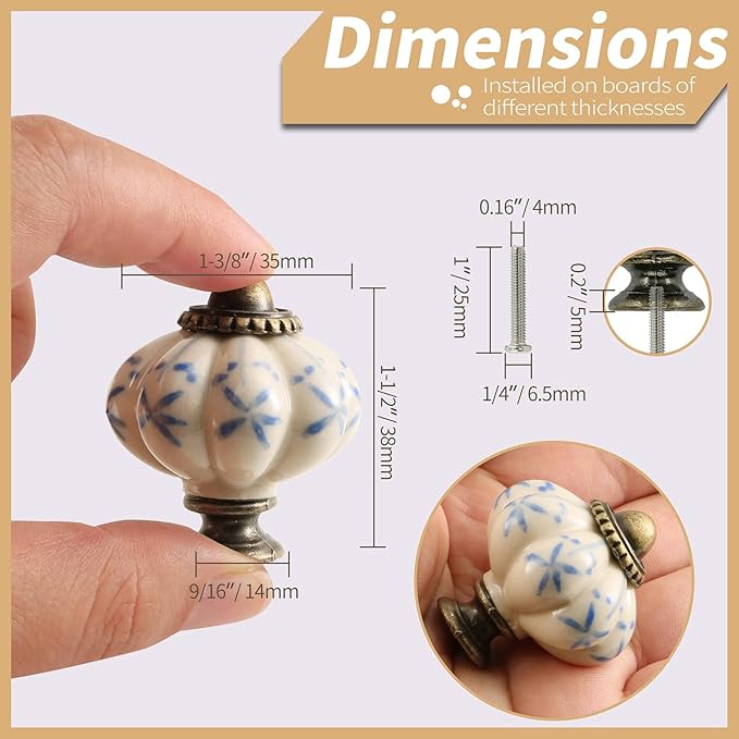 Ivory & Blue Pumpkin Knobs 6 Pack Ceramic Cabinet Knobs Vintage Drawer Pulls - Image 4