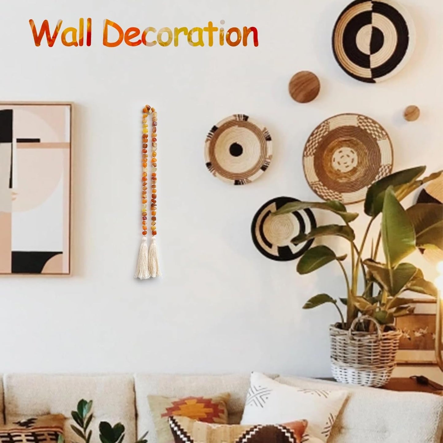 Agate Stone Hand Knotted Garland Modern Farmhouse Rustic Table Home Decor, 30inch Meditation Accessories with Tassel, Prayer Healing Beads Boho Wall Shelf Hanging Decoration (Orange)