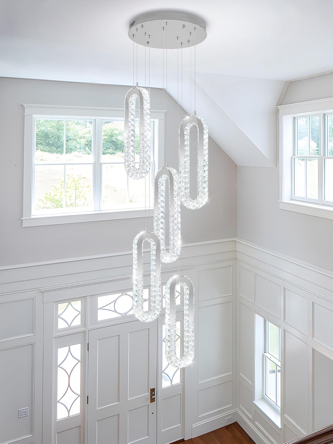 5 Rings Crystal Chandeliers for Staircase Large Pendants Light Fixture Silver High Ceiling Chandelier for Entryway Bedroom Foyer 2700K-6000K