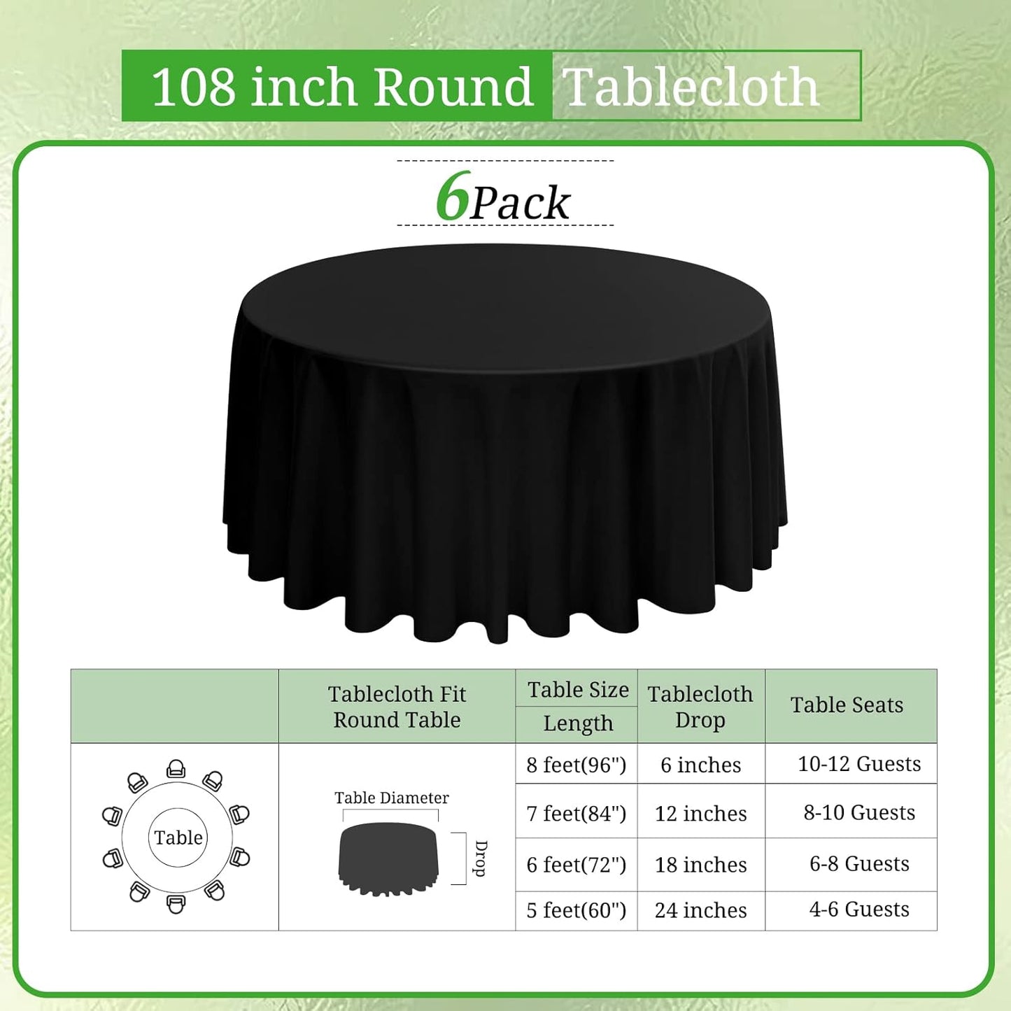 6 Pack Round Tablecloths - 108 Inch, Black Polyester Table Cover for Round Table, Stain and Wrinkle Resistant Washable Fabric Table Cloth, Polyester Tablecloth for Wedding Banquet Parties