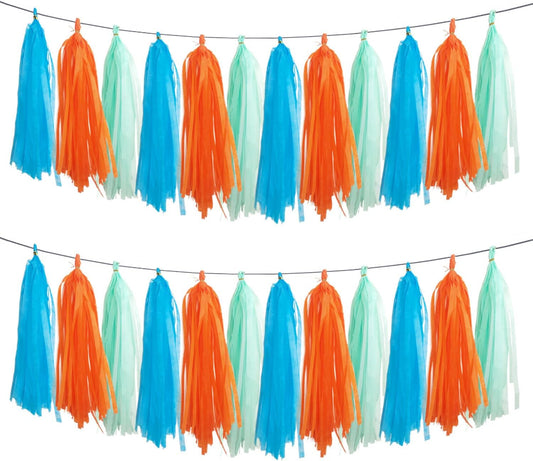 GAKA Orange Blue and Light Green Tissue Paper Tassel,Paper Tassel Garland Banner for Party Decor Supplies,15 PC