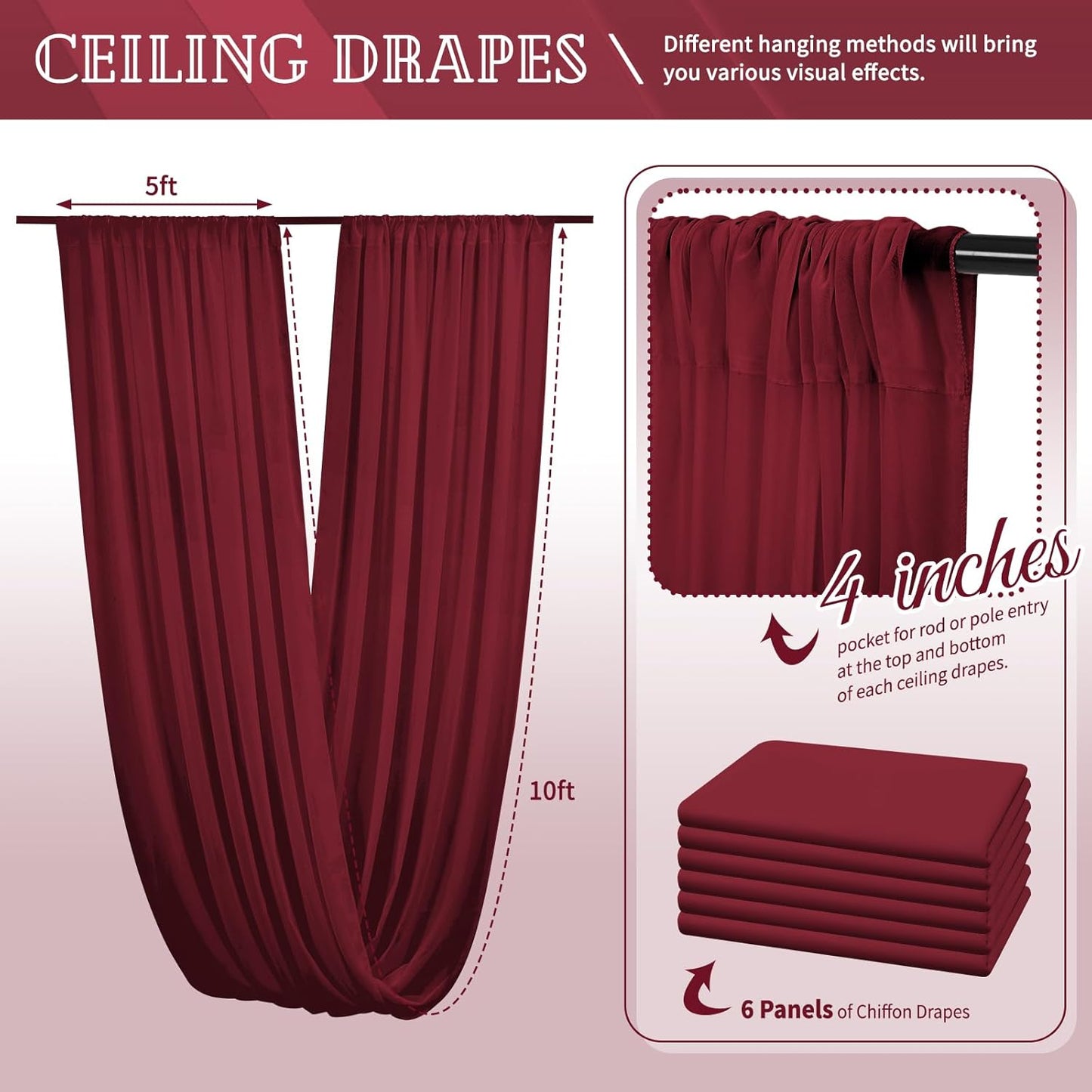 6 Panels Burgundy Ceiling Drapes for Wedding 5ftx10ft Chiffon Fabric Arch Draping Curtains Sheer Drapery for Party Ceremony Birthday Baby Shower Reception Stage Swag Ceiling Decorations