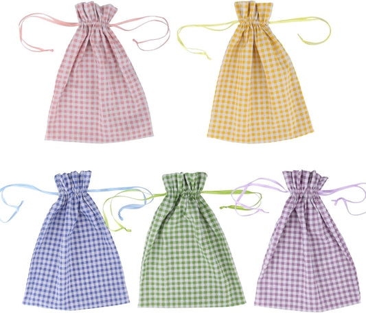 Meseey 5 Pcs Large Easter Burlap Bags with Drawstrings 16 x 12 Inch Buffalo Plaid Gift Bags Gingham Sacks Bags Reusable Gift Pouch Bag for Easter Spring Birthday Party Baby Shower Goodies