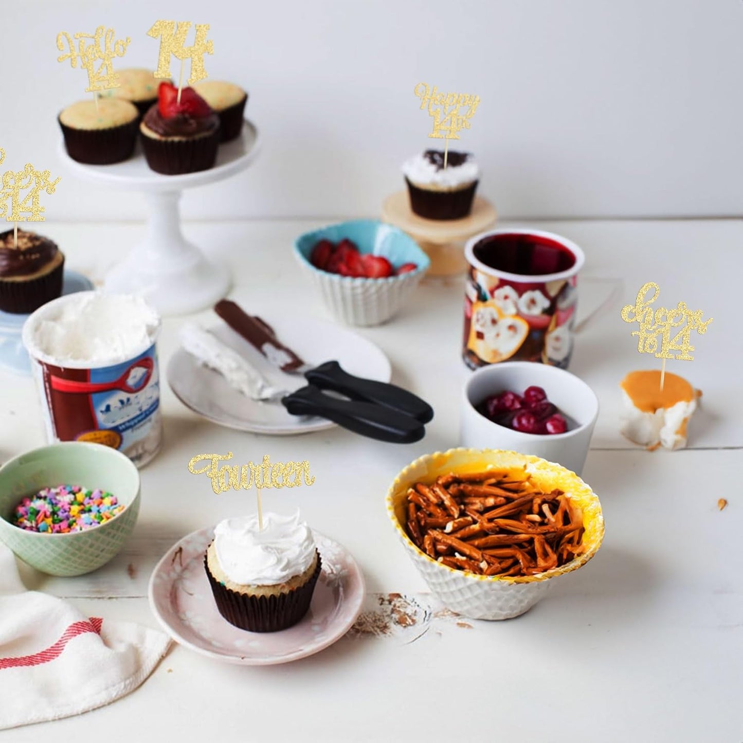 30Pcs 14th Birthday Cupcake Toppers Hello 14 Cupcake Picks Fourteen Cheers to 14 Years Old Cake Decorations for 14th Birthday Anniversary Party Supplies Gold Glitter