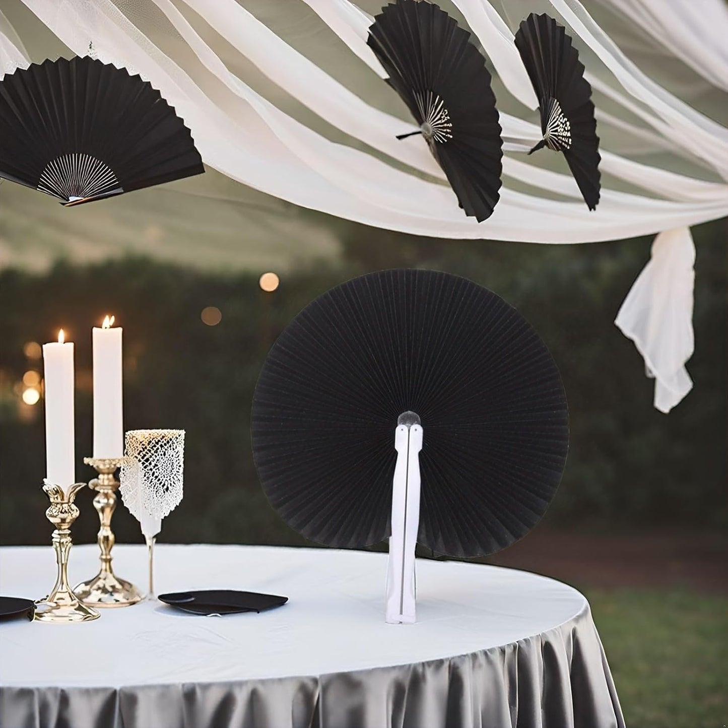 12 Packs Decorative Paper Folding Hand Fans Handheld,Black Round Foldable Wedding Fans Chinese and Japanese Fans Bulk for Bridal Guest Church Party Favors Dancing Birthday DIY