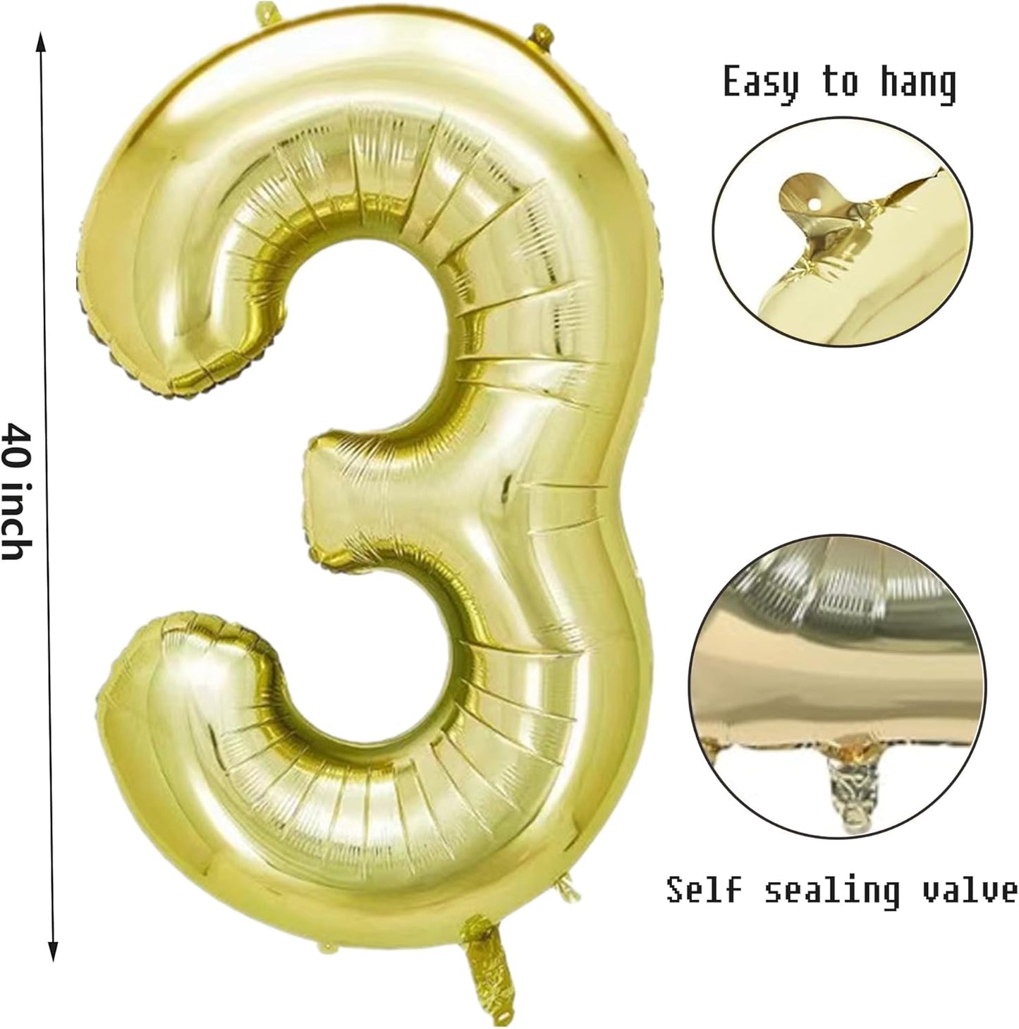 Number 3 Balloon 40 Inch, Big Large Foil light gold Number Balloons, Jumbo Giant Mylar Number 3 Balloons for 3 Year Old Birthday Party Decorations (Number 3)