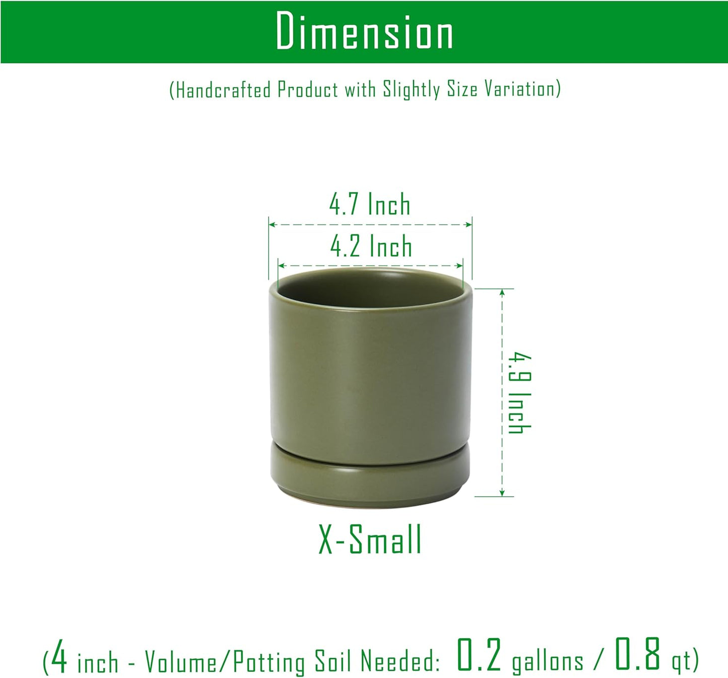 D'vine Dev Set of 4 Small Ceramic Plant Pots, 4.7 Inch Succulent Planter Pot for Plants with Drainage Hole and Saucer, Olive, 94-X-B-0