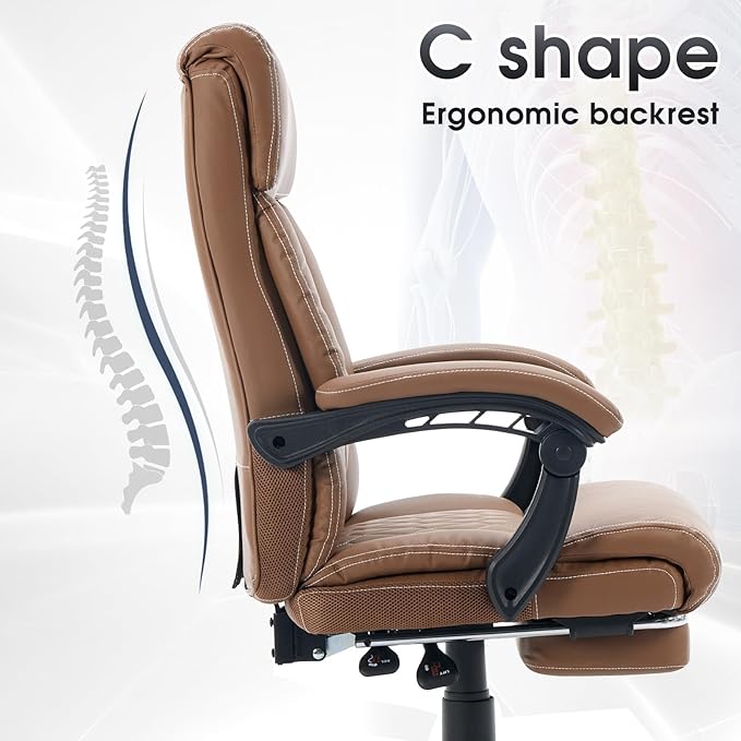 High Back Office Chair with Footrest, 155° Reclining Leather Comfy Desk Chair - Image 4