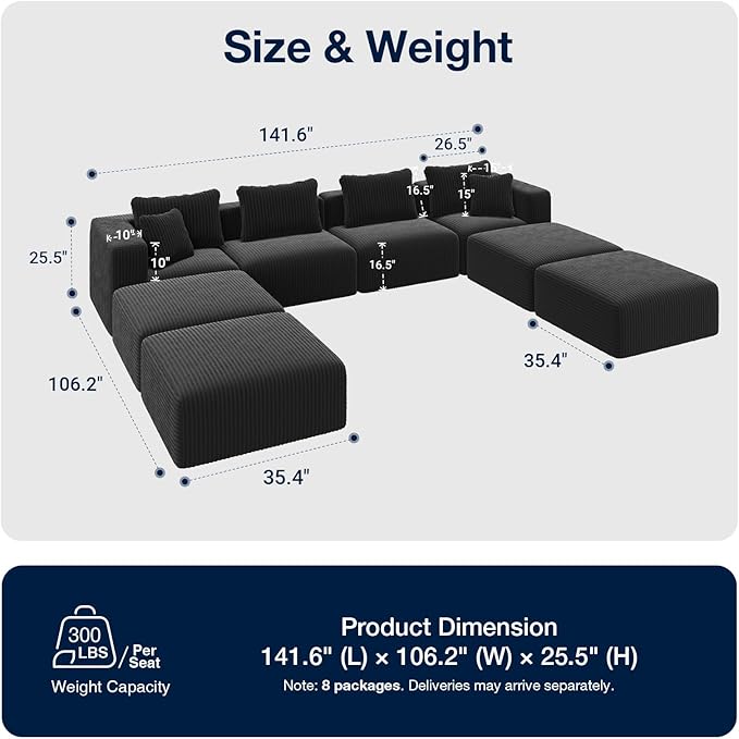 Avenco 141” U-Shaped Modular Sectional Couch Sofa - Image 2