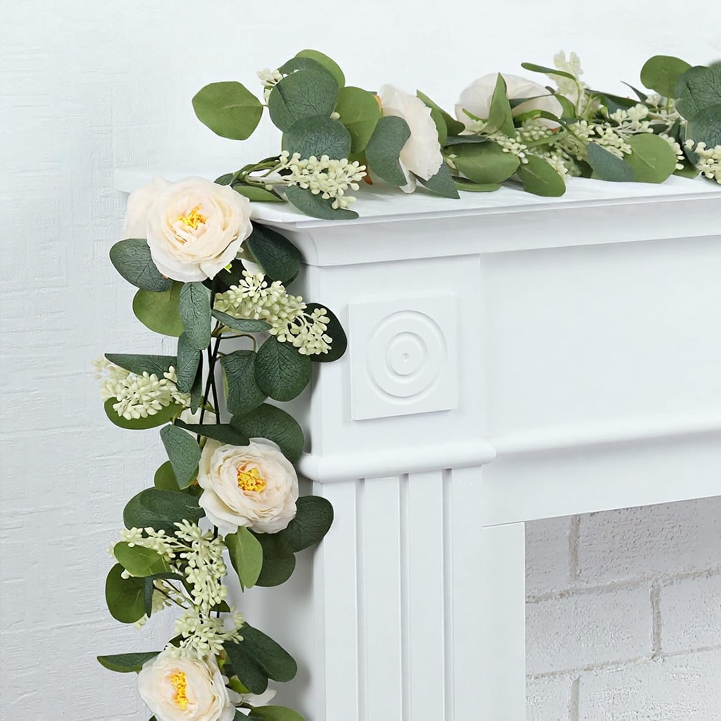 MAKHOT 2PCS 6.6Ft Artificial Eucalyptus Garland, Green Vines and Champagne Artificial Roses Combined to Form an Artificial Rose Garland for Wedding, Table, Party, Fireplace, and Home Decor.