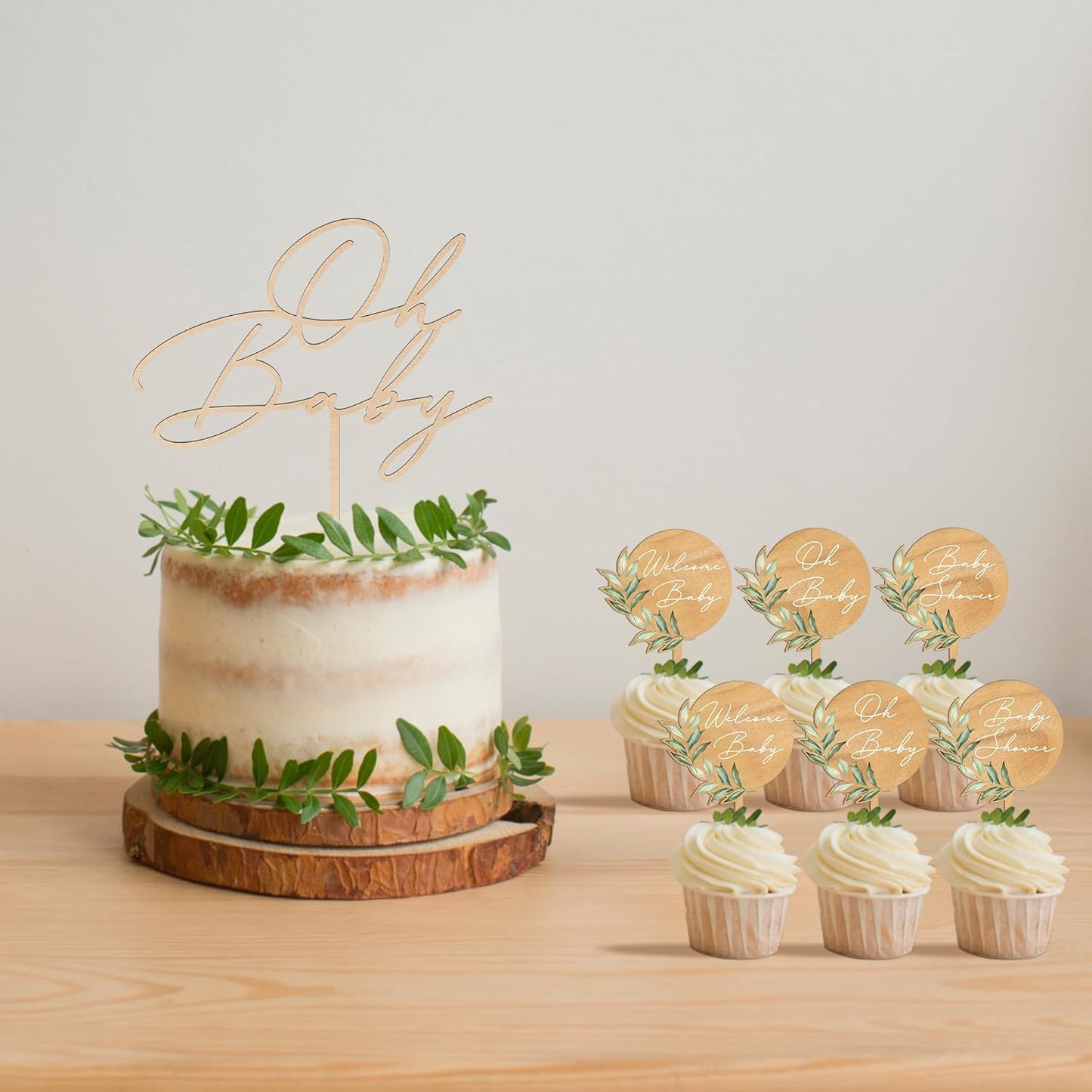 Custom Cupcake Toppers Cake Decorations in Wood for Wedding Engagement Baby Shower Birthday Party etc. (Design A / 12 PCS)