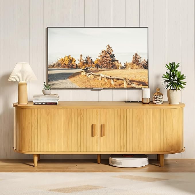 58" Mid Century Modern TV Stand, Wood TV Consoles - Image 2