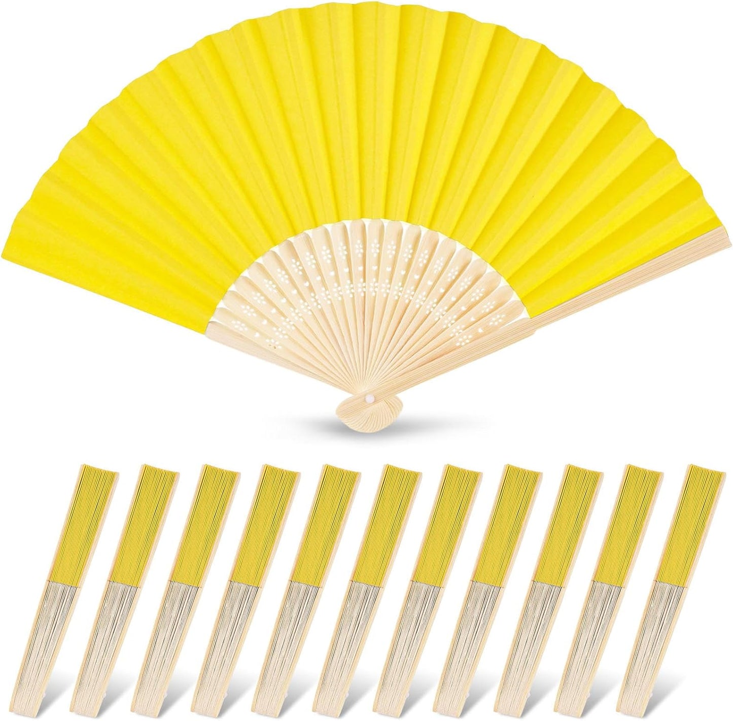 JOHOUSE 12 Pcs Paper Folding Hand Fans, 8.3 Inch Lemon Yellow Paper Fans Handheld Portable Decorative Accessories for Wedding, Lemon Party Decorations, Bridal Shower DIY Crafts