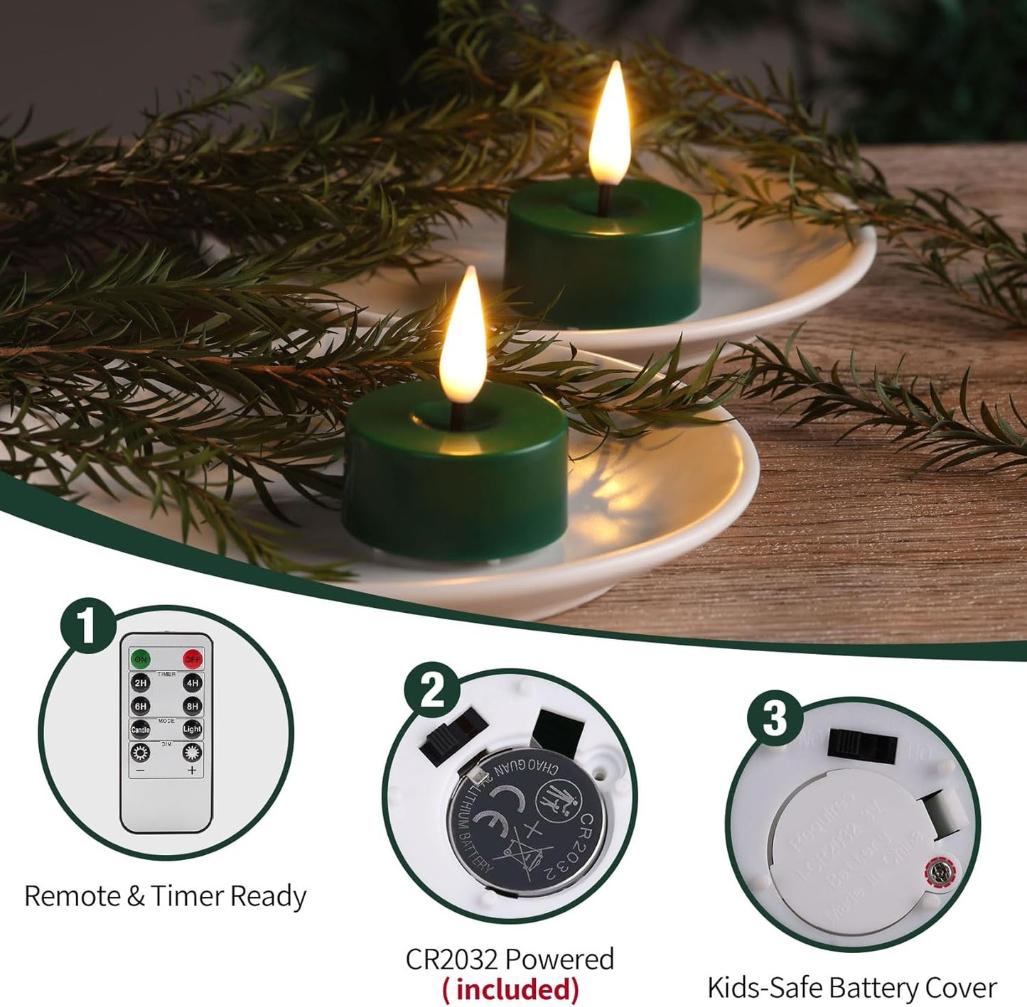 Eywamage Green LED Tealights with Remote Batteries, Flickering Flameless Tea Lights Votive Candles Set of 12