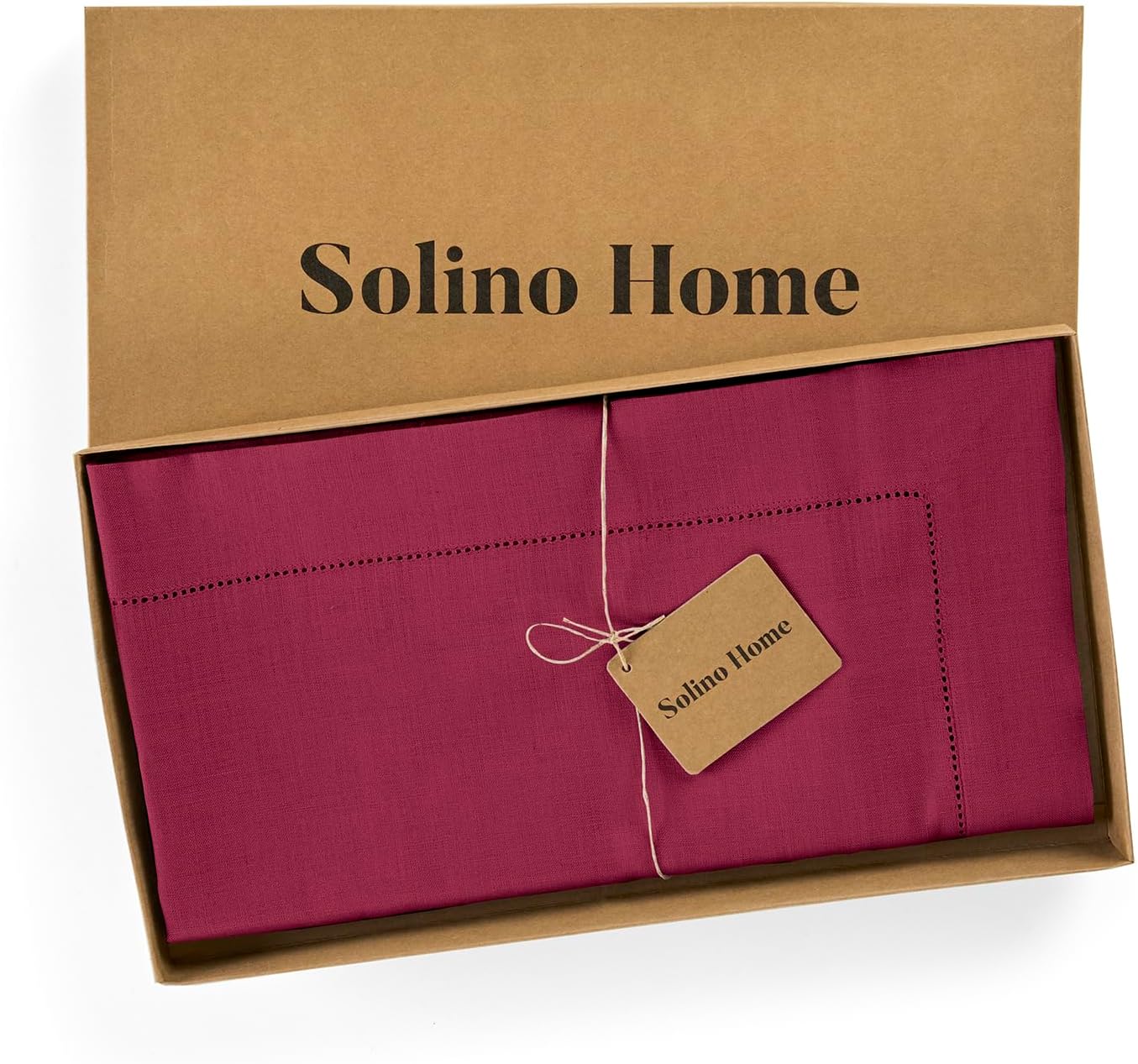 Solino Home Linen Tablecloth 52 x 52 Inch - 100% Pure Linen Beet Square Tablecloth - Classic Hemstitch, Machine Washable Table Throw for Fall, Autumn, Thanksgiving, Holiday