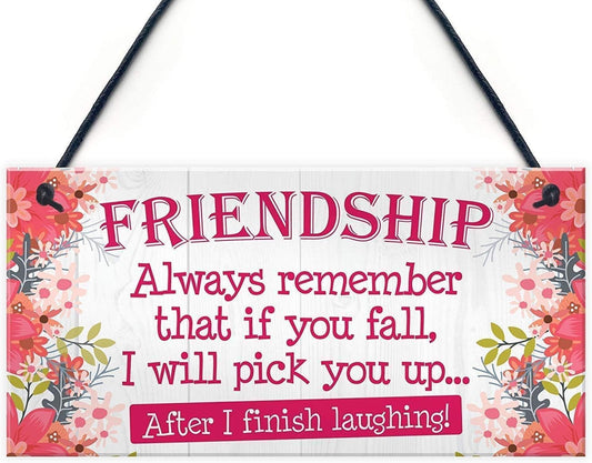 Rustic Wooden Signs Friendship Always Remember That if You Fall, I Will Pick You Up After I Finish Laughing Wood Plaque Sign Wall Art Decor Kitchen Cafe Pub Decor Gift 6x12 INCH