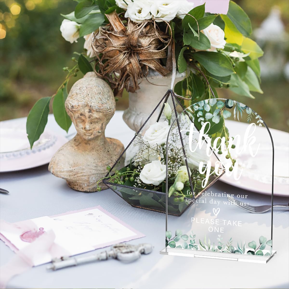 Acrylic Wedding Sign Thank You Signs for Ceremony Modern Calligraphy Arch Acrylic Table Top Signs for Wedding Reception and Event Party Table Decor (Eucalyptus Leaves)