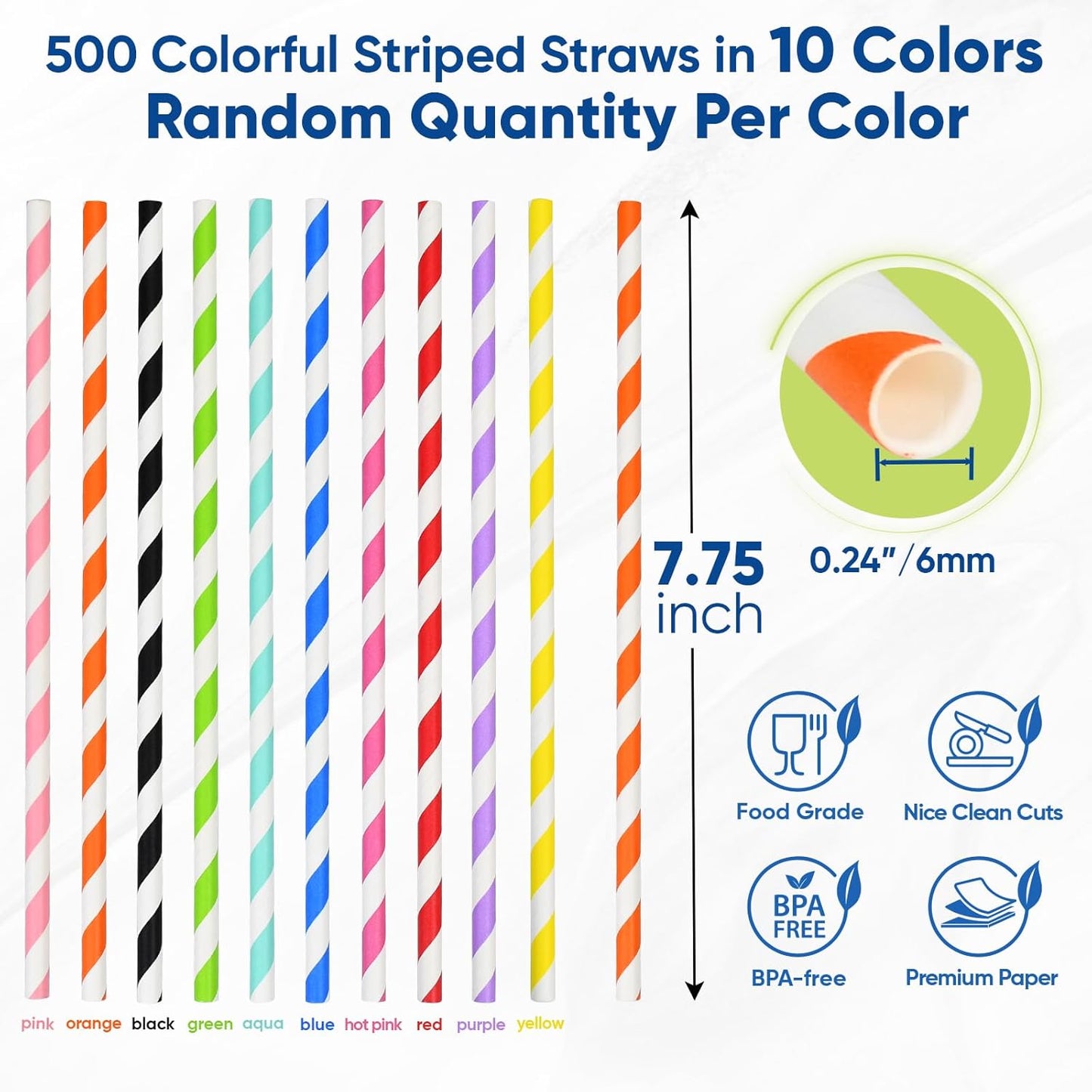 7.75" Colorful Striped Paper Drinking Straws, 500 Counts in Bulk, 10 Assorted Colors, Disposable & Biodegradable - for Bar, Restaurant, Party, Crafts, Cake Pops