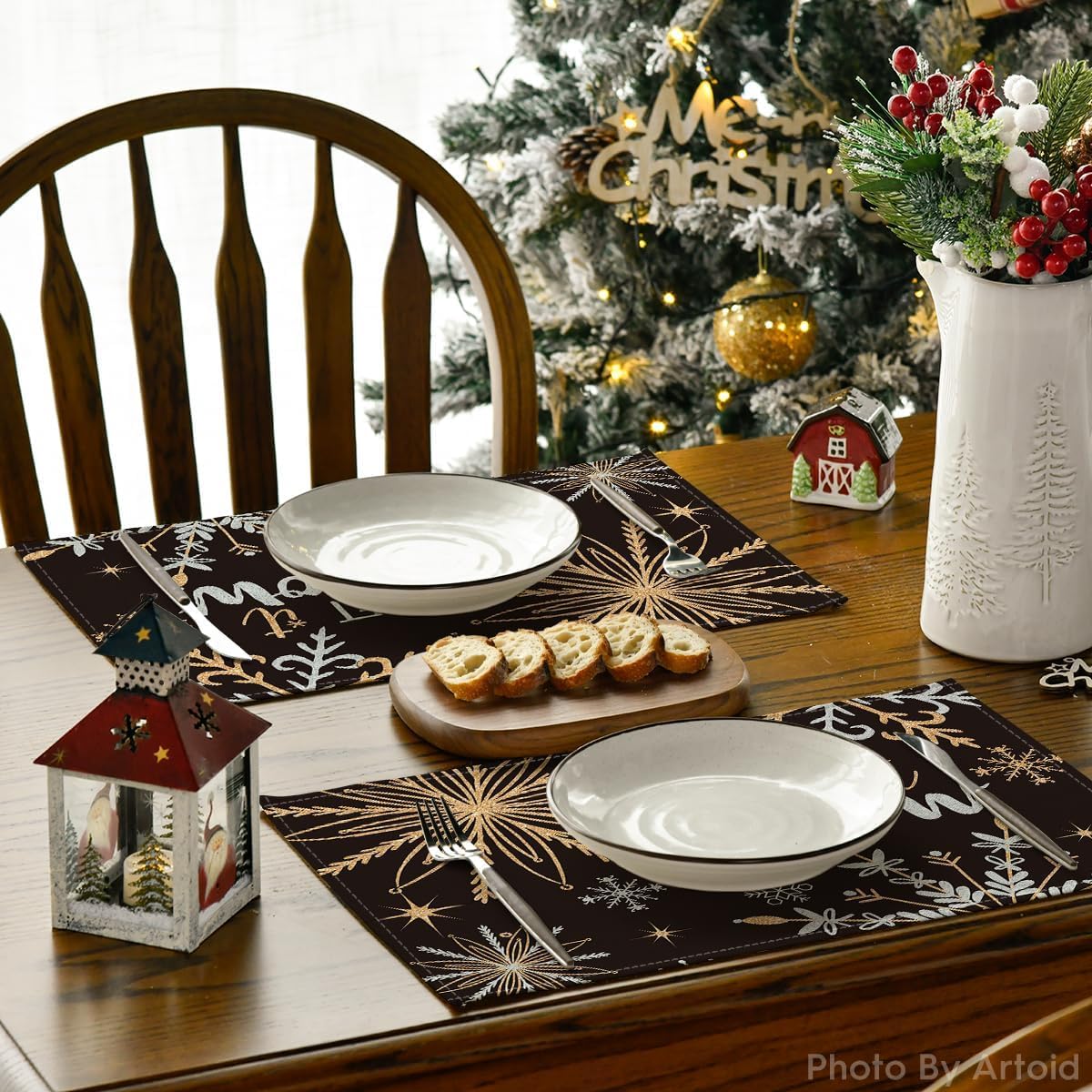 Artoid Mode Black Snowflake Let It Snow Winter Placemats Set of 4, 12x18 Inch Seasonal Christmas Table Mats for Party Kitchen Dining Decoration